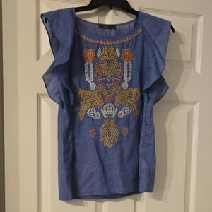 THML Blue Ruffle Sleeve Embroidered Blouse